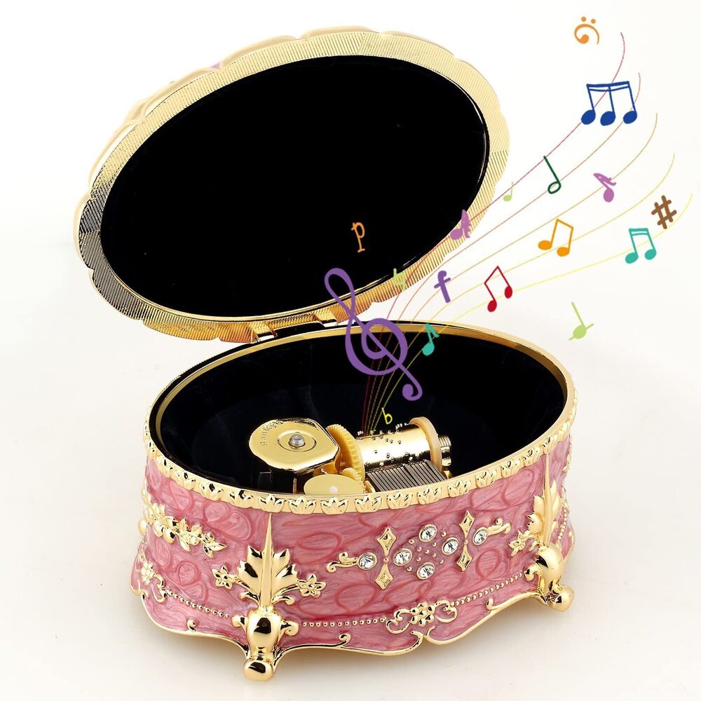 2180 Oval Emboss Alloy Metal Music Box Wind Up Antique Jewelry Musical